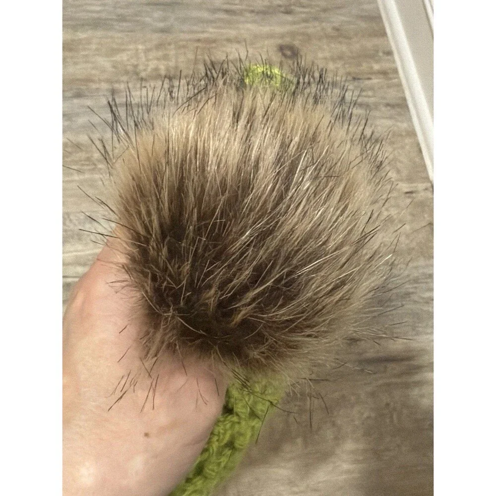 New Hand Crocheted Waffle Green Acrylic Faux Fur Pom Pom Beanie Hat Women